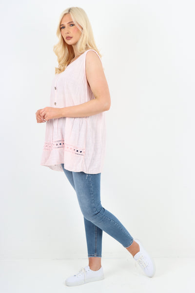 Italian Crochet Bottom Button Detail Cotton Vest Top