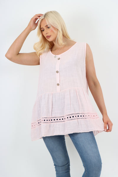 Italian Crochet Bottom Button Detail Cotton Vest Top