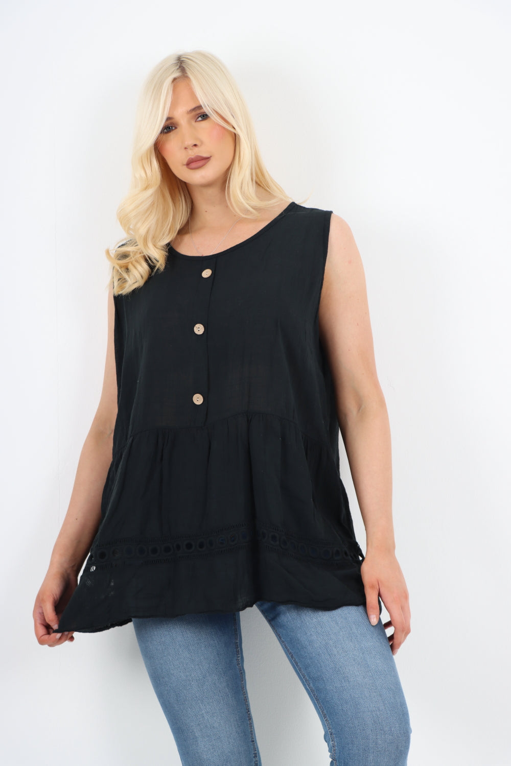 Italian Crochet Bottom Button Detail Cotton Vest Top