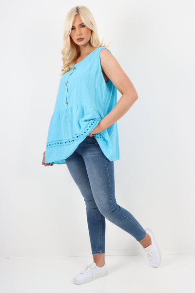 Italian Crochet Bottom Button Detail Cotton Vest Top