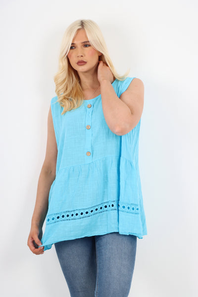 Italian Crochet Bottom Button Detail Cotton Vest Top