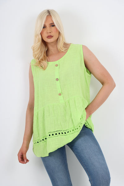 Italian Crochet Bottom Button Detail Cotton Vest Top