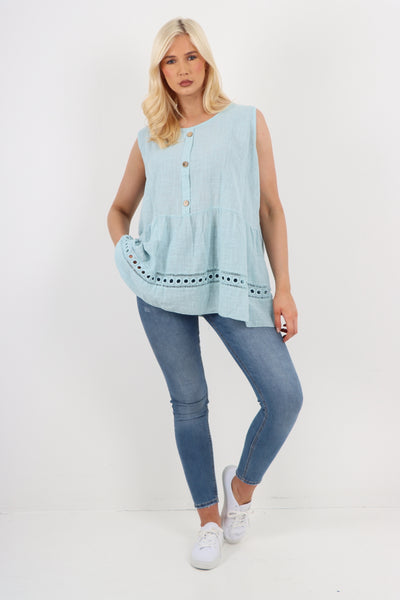 Italian Crochet Bottom Button Detail Cotton Vest Top