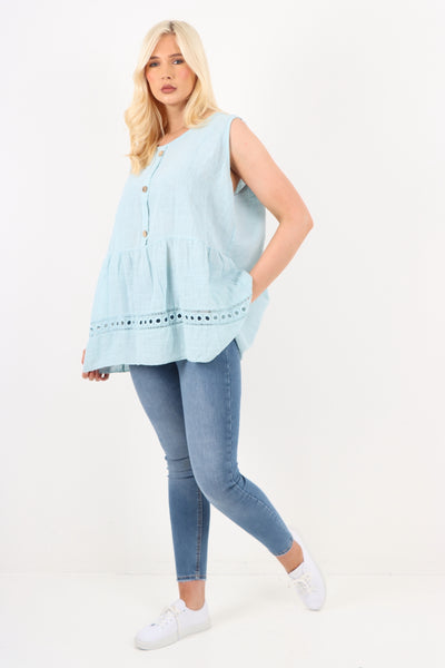 Italian Crochet Bottom Button Detail Cotton Vest Top