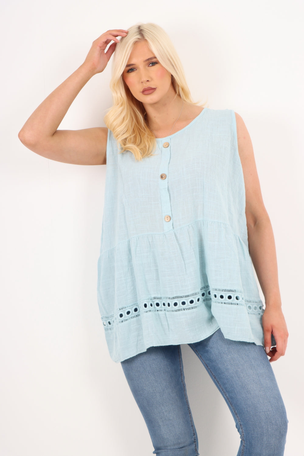 Italian Crochet Bottom Button Detail Cotton Vest Top