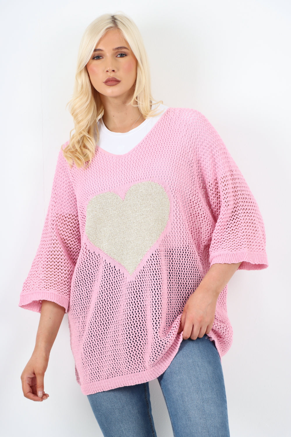 Italian Chunky Knit Heart Print Oversized Jumper Top