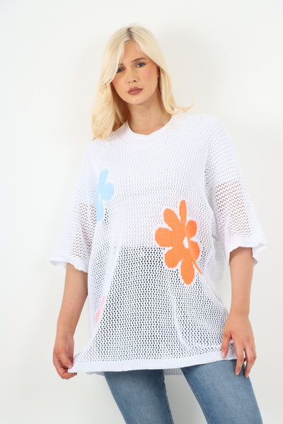 Italian Oversized Ditsy Floral Printed Mesh Net Jumper Top