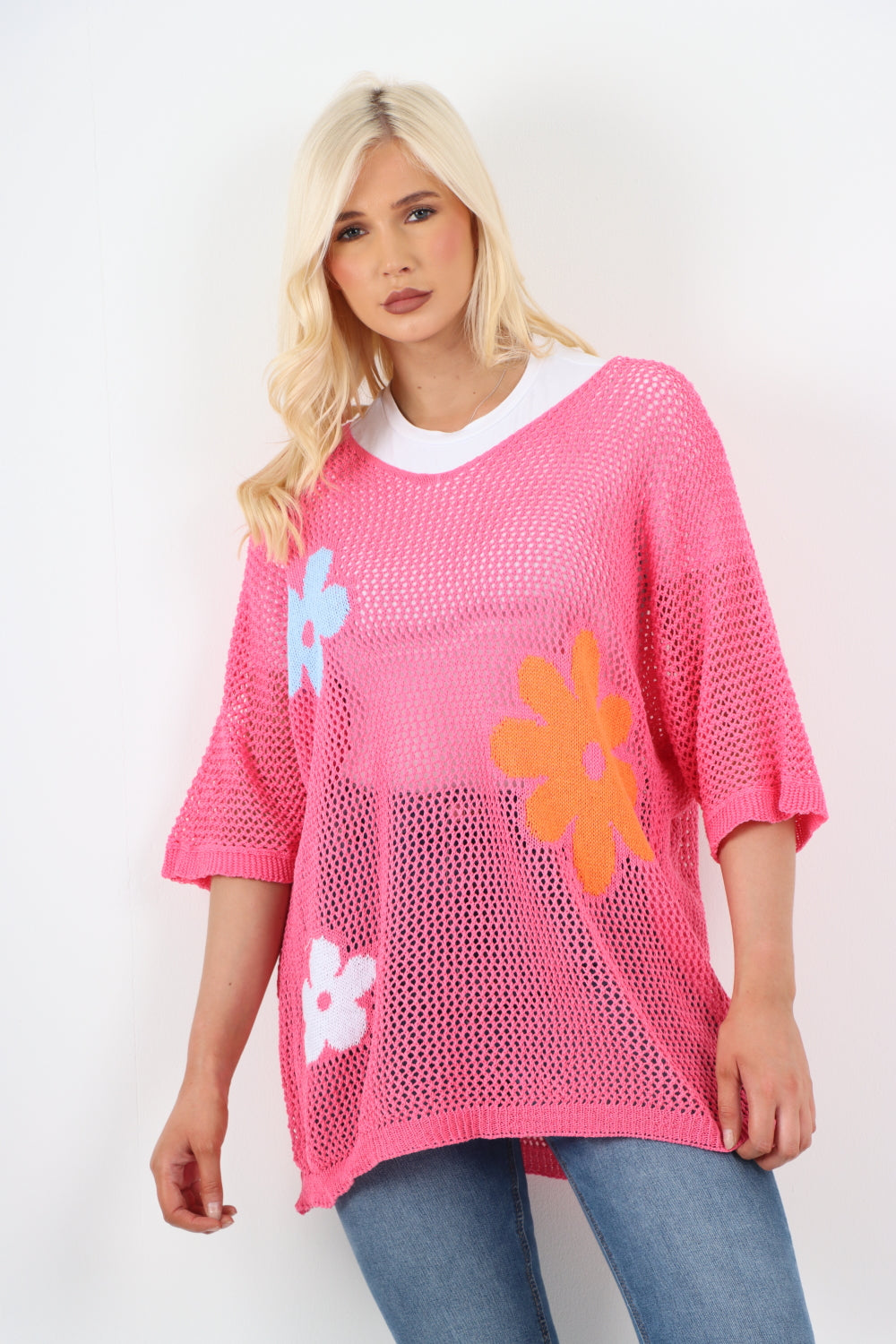 Italian Oversized Ditsy Floral Printed Mesh Net Jumper Top