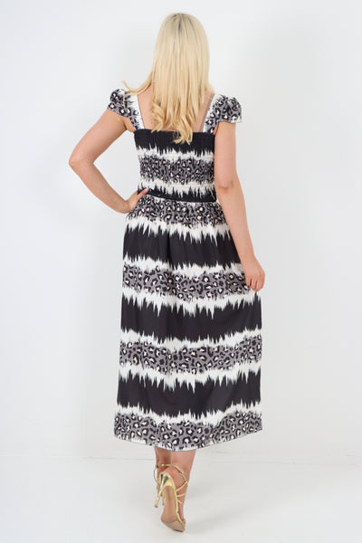 Italian Shirred Front Elasticated Leopard Print Elastic Strap Maxi Dress