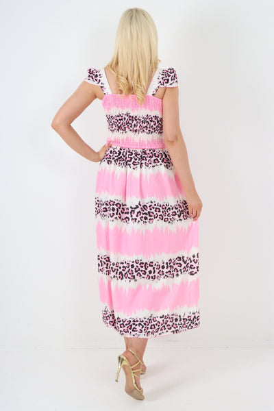 Italian Shirred Front Elasticated Leopard Print Elastic Strap Maxi Dress