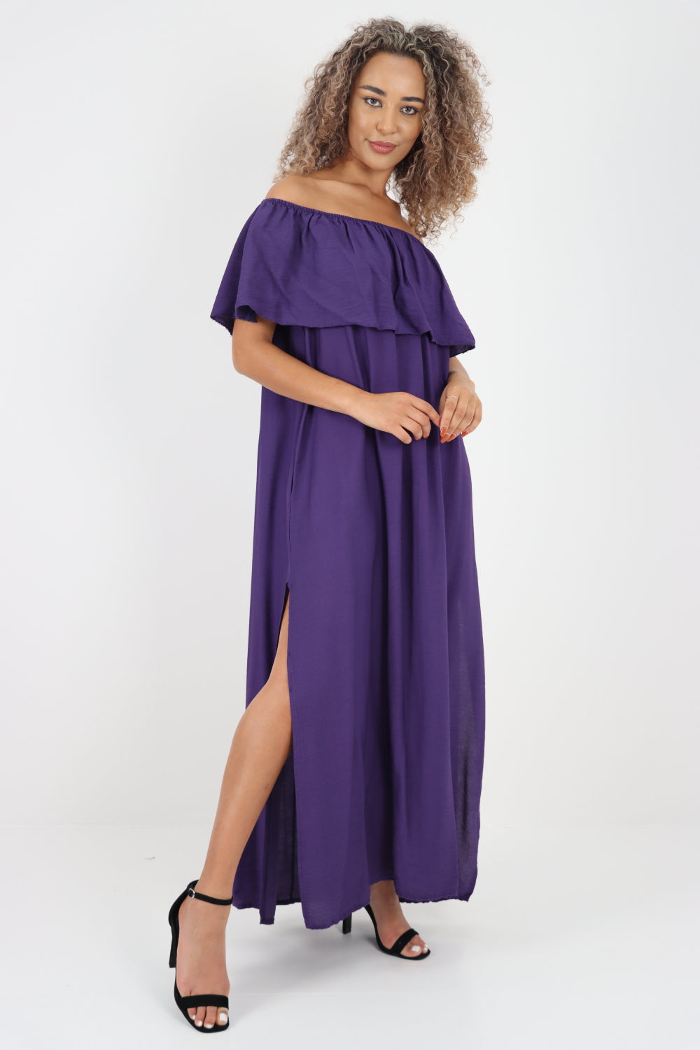 Italian Bardot Frill Layered Double Side Slit Maxi Dress