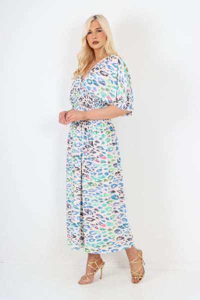 Italian Shirred Elasticated Waist V Neck Leopard Print Maxi Dress