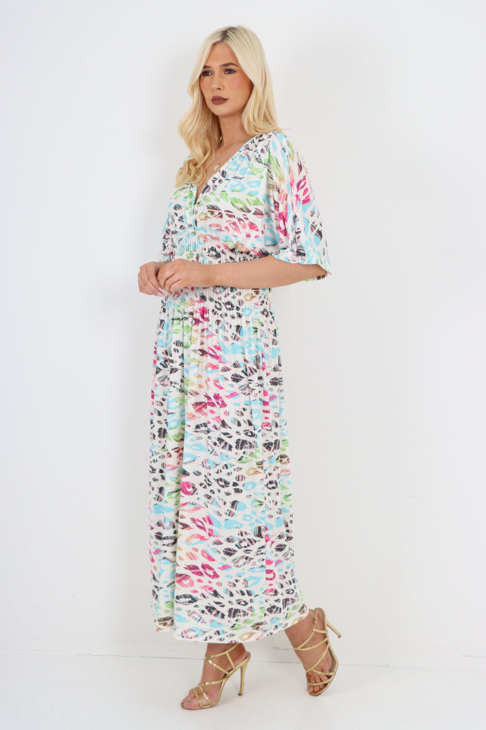 Italian Shirred Elasticated Waist V Neck Leopard Print Maxi Dress