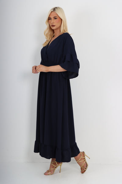 Italian Elasticated Waist Layered Sleeve V Neck Plain Maxi Dress