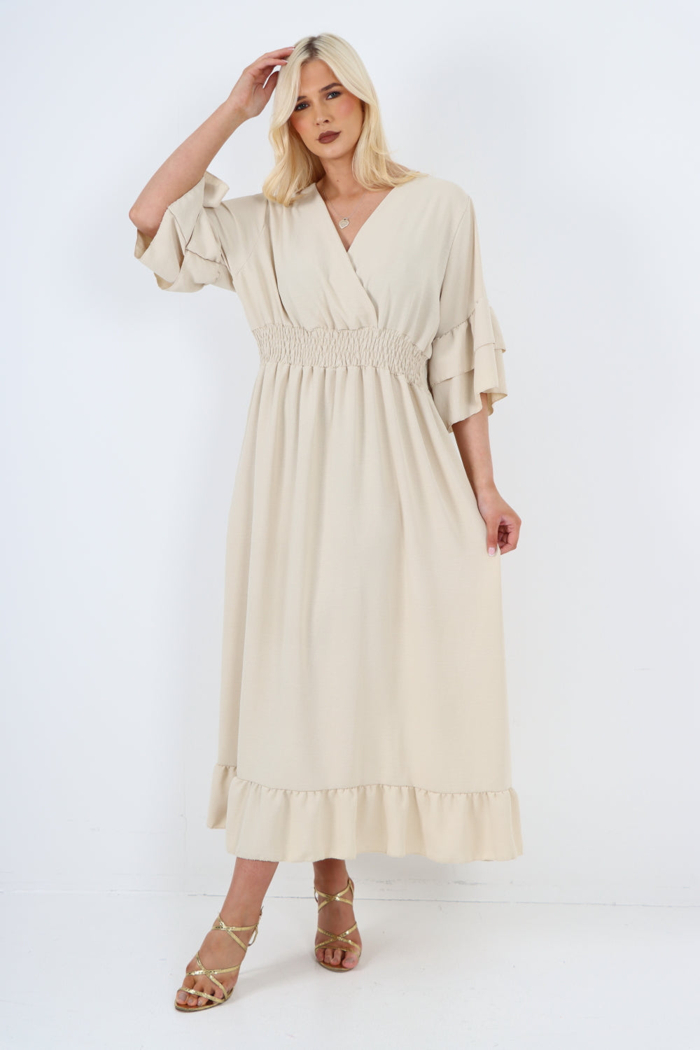 Italian Elasticated Waist Layered Sleeve V Neck Plain Maxi Dress