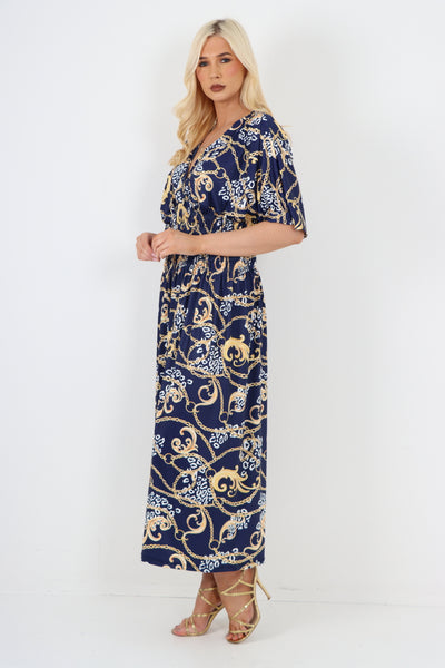 Italian Shirred Elasticated Waist V Neck Chain Print Maxi Dress