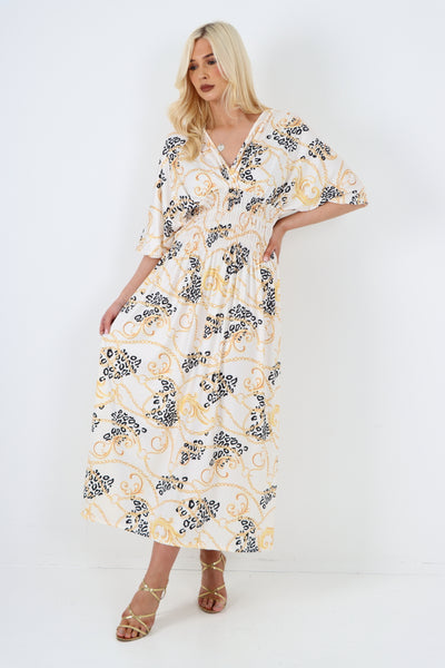 Italian Shirred Elasticated Waist V Neck Chain Print Maxi Dress