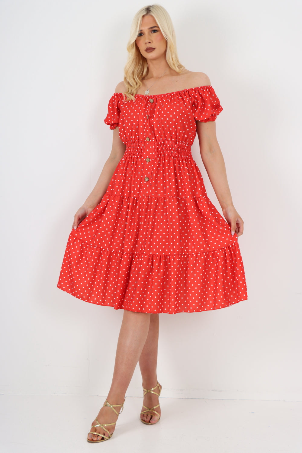 Italian Button Detailed Shirred Waist Polka Dot Print Bardot Smock Dress