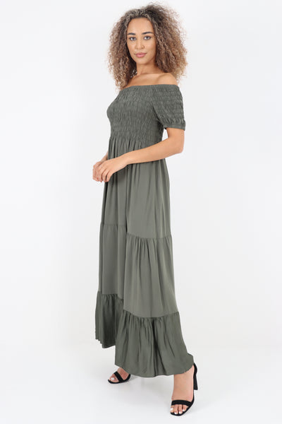 Italian Off Shoulder Shirred Elasticated Tiered Maxi Dress