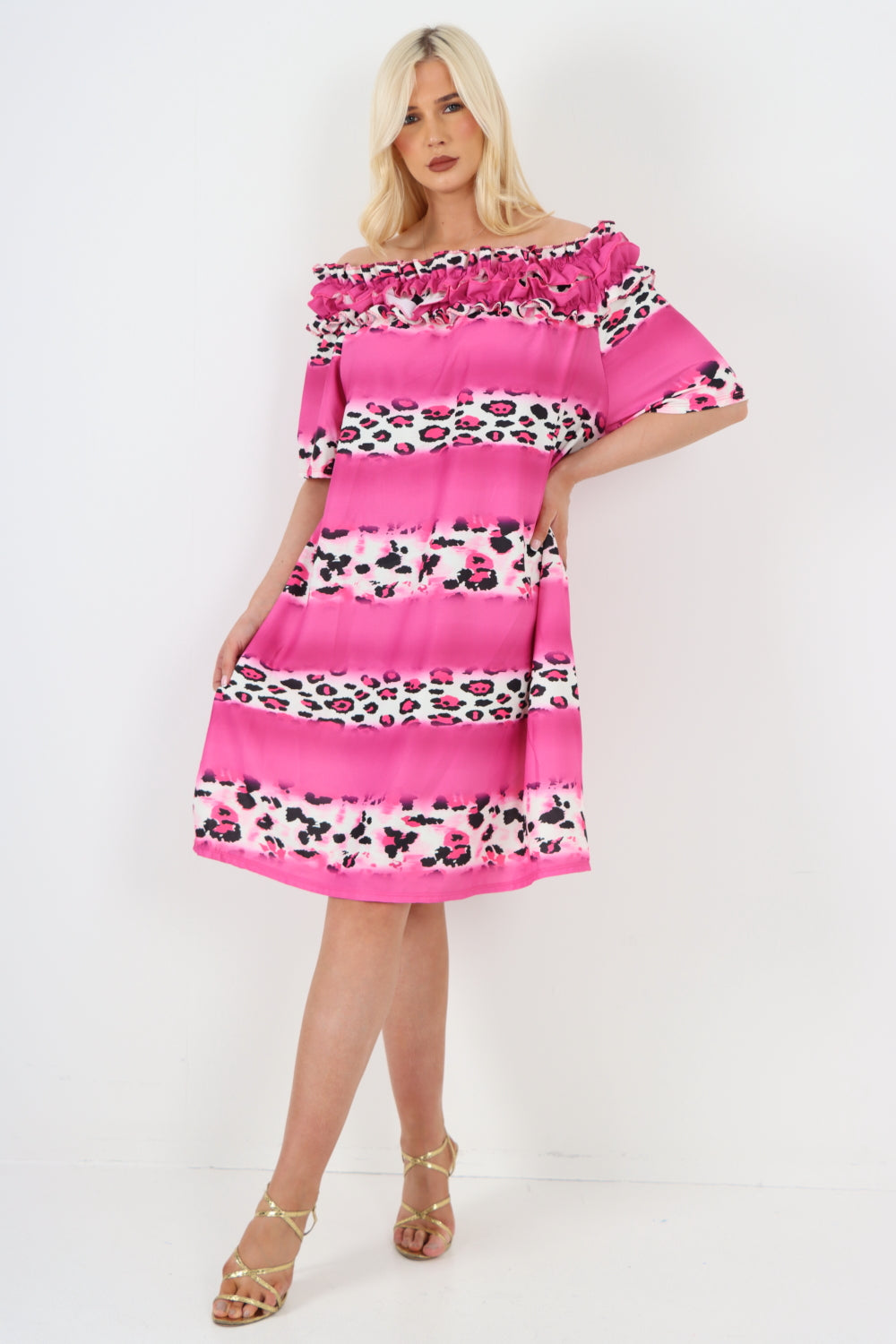 Italian Off The Shoulder Leopard Printed Short Sleeve Mini Dress