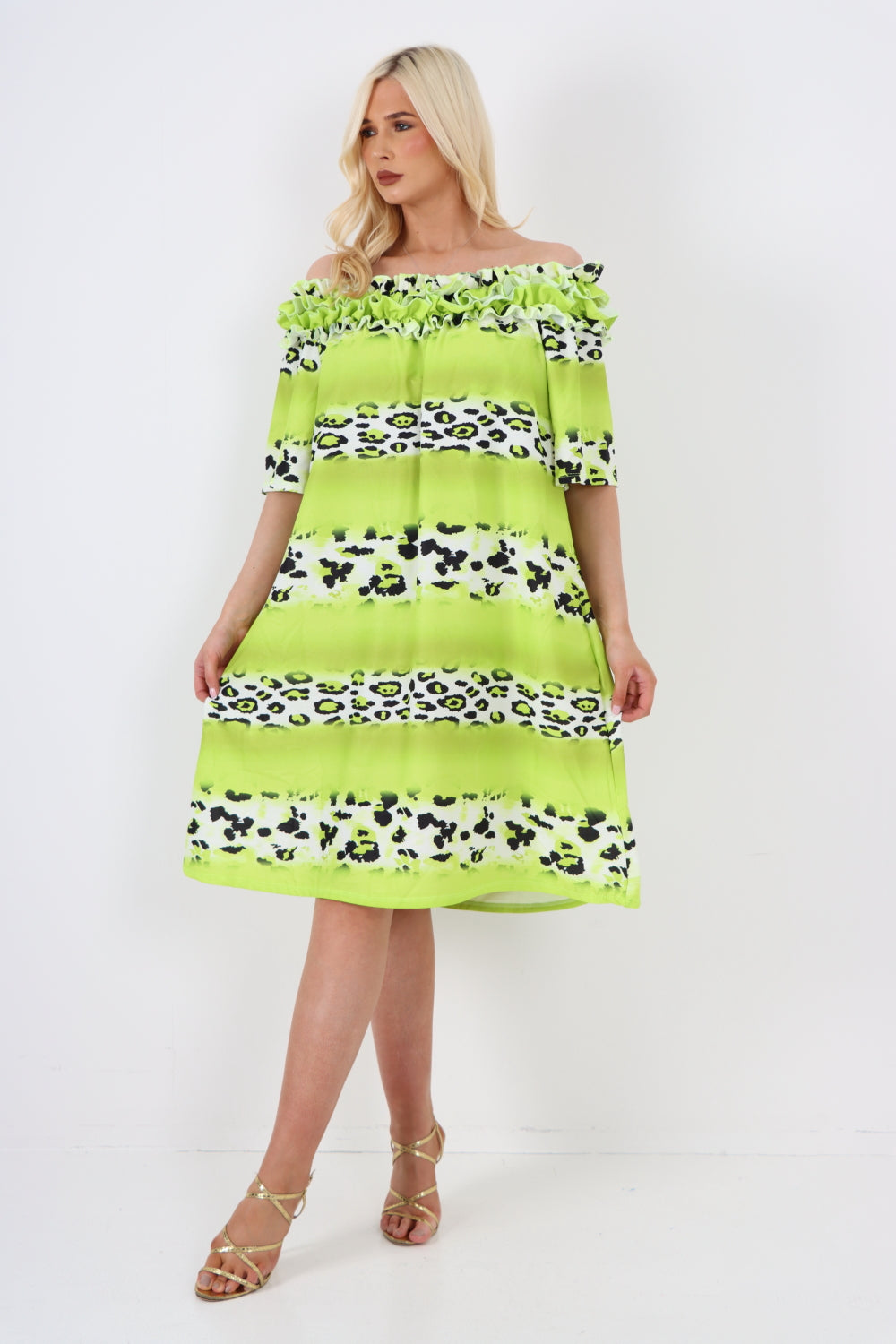 Italian Off The Shoulder Leopard Printed Short Sleeve Mini Dress
