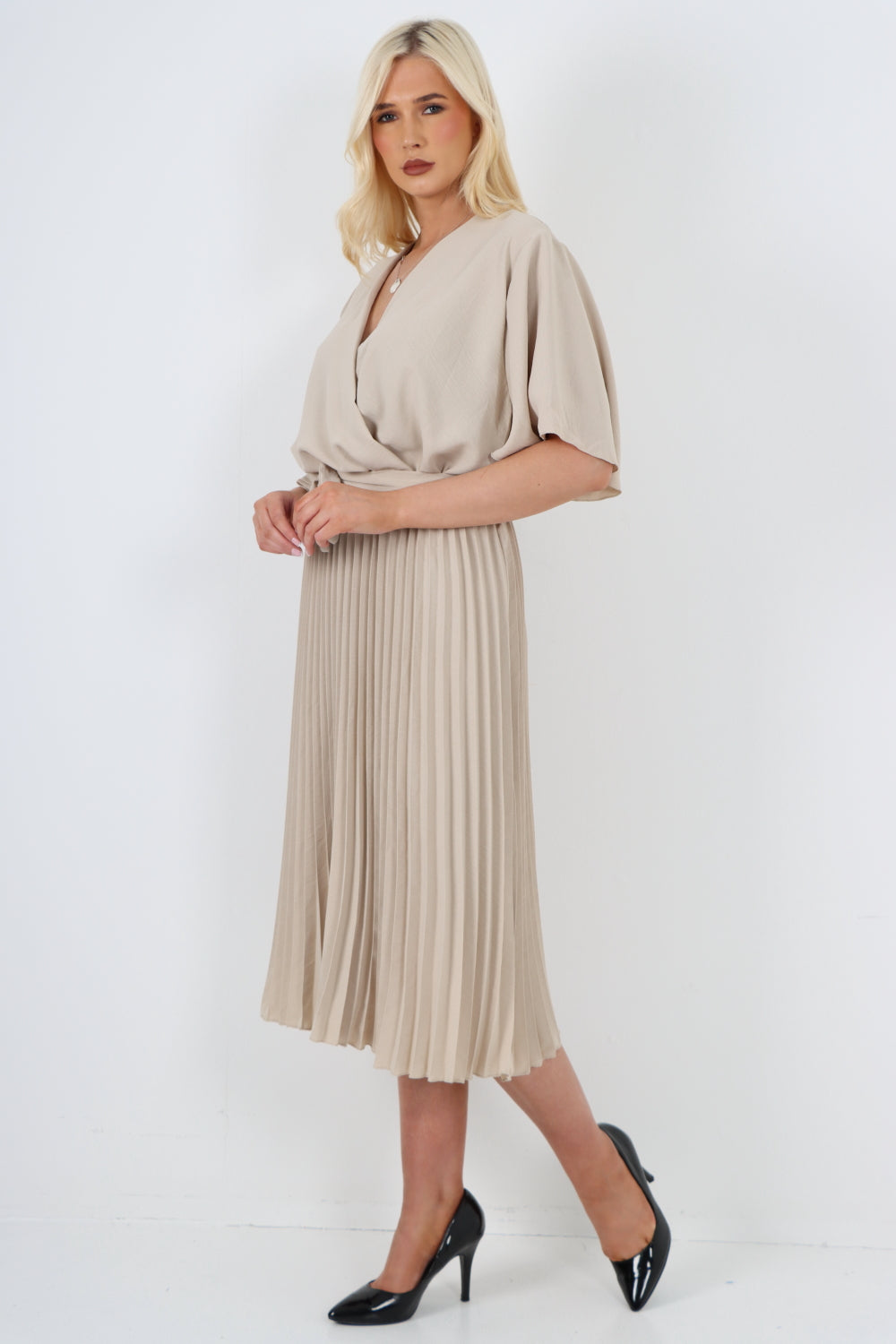 Italian Pleated Belted Wrap Short Sleeve Midi Dress