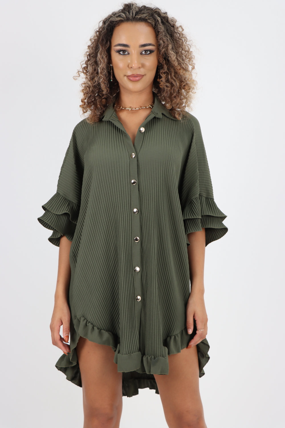 Italian Pleated Frill Sleeve Oversized Shirt Dress