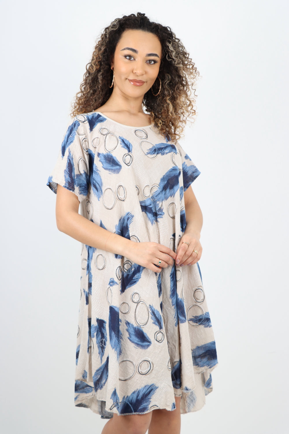 Italian Feather Pattern Circle Print Cotton Tunic Midi Dress