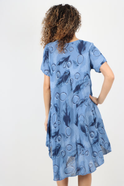 Italian Feather Pattern Circle Print Cotton Tunic Midi Dress