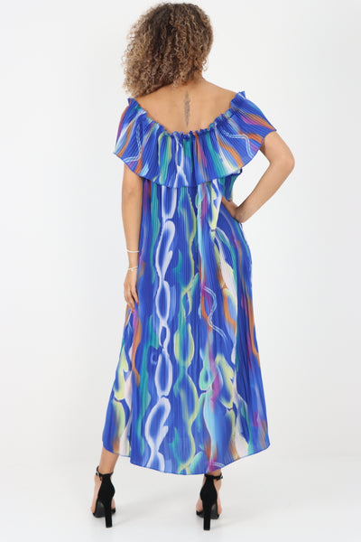 Italian Printed Pleated Frill Bardot Midaxi Dress