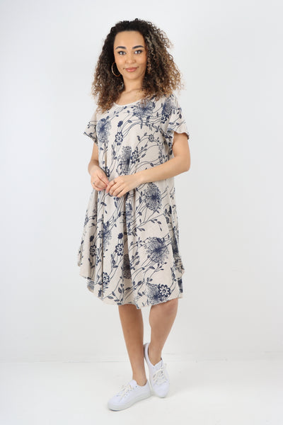 Italian Floral Pattern Short Sleeve Cotton Midi Dress