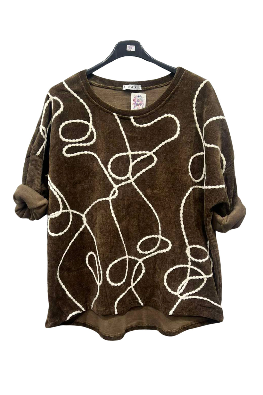 Italian Dip Hem Corduroy Top With Front Thread Detail  brown