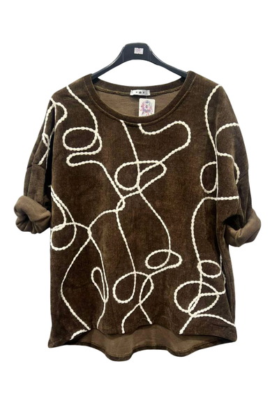 Italian Dip Hem Corduroy Top With Front Thread Detail  brown