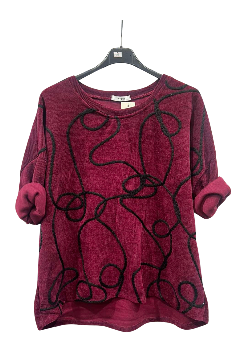 Italian Dip Hem Corduroy Top With Front Thread Detail  wine