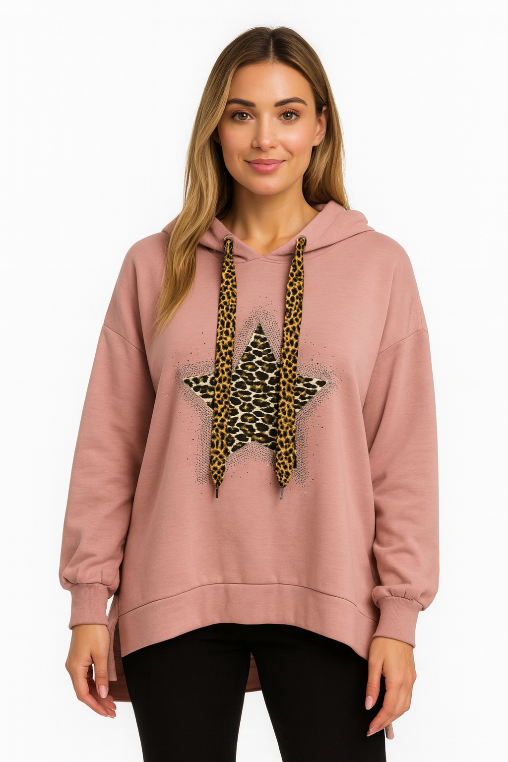 Italian Dipped Hem Hoodie with Leopard Print Star