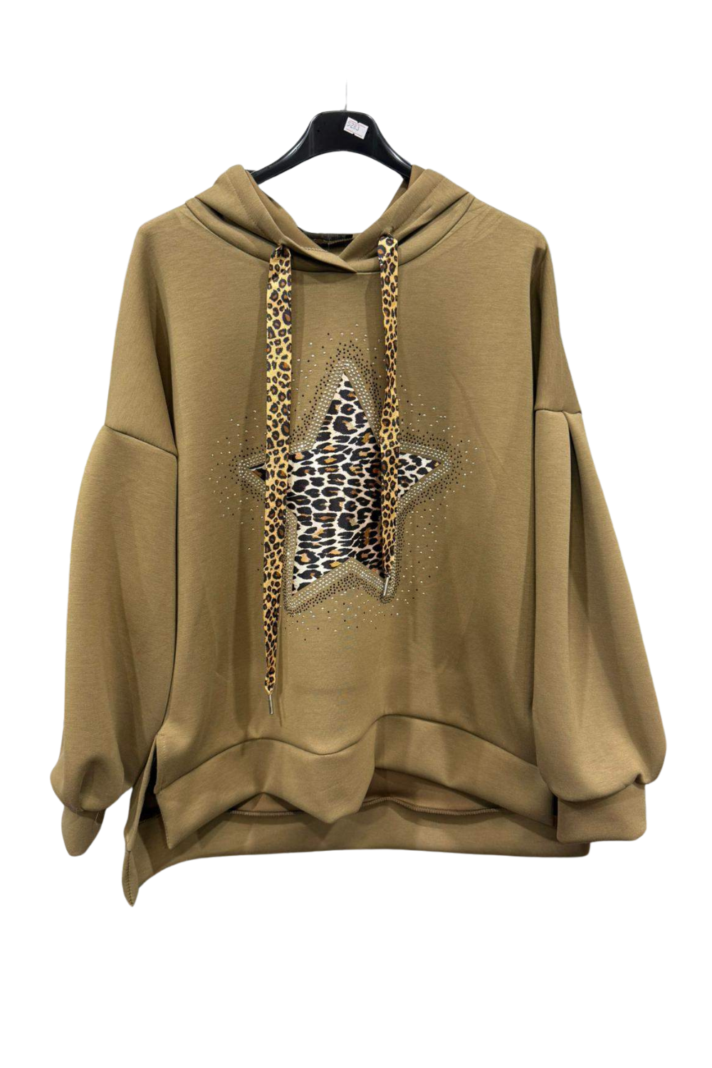 Italian Dipped Hem Hoodie with Leopard Print Star Camel