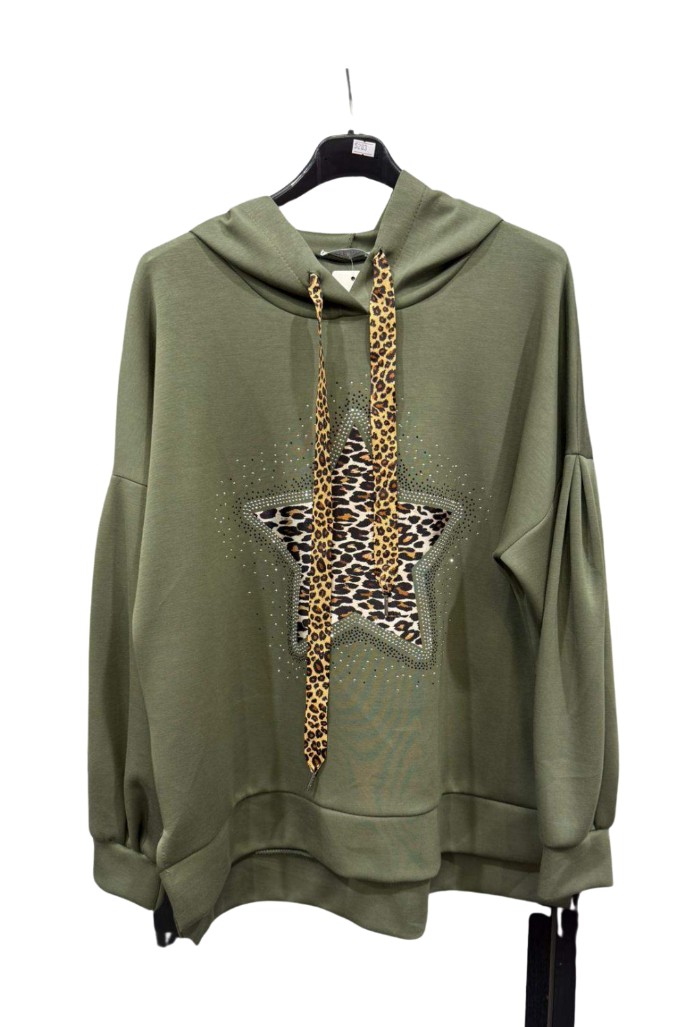 Italian Dipped Hem Hoodie with Leopard Print Star KKI
