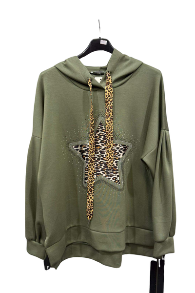 Italian Dipped Hem Hoodie with Leopard Print Star KKI
