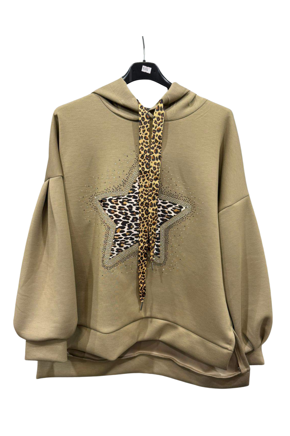 Italian Dipped Hem Hoodie with Leopard Print Star | Mocha