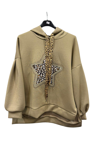 Italian Dipped Hem Hoodie with Leopard Print Star | Mocha