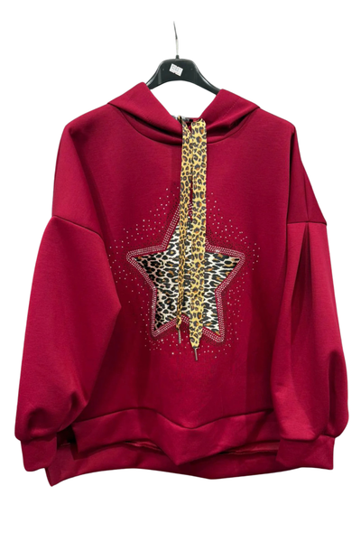 Italian Dipped Hem Hoodie with Leopard Print Star | One Size UK 8–16 wine