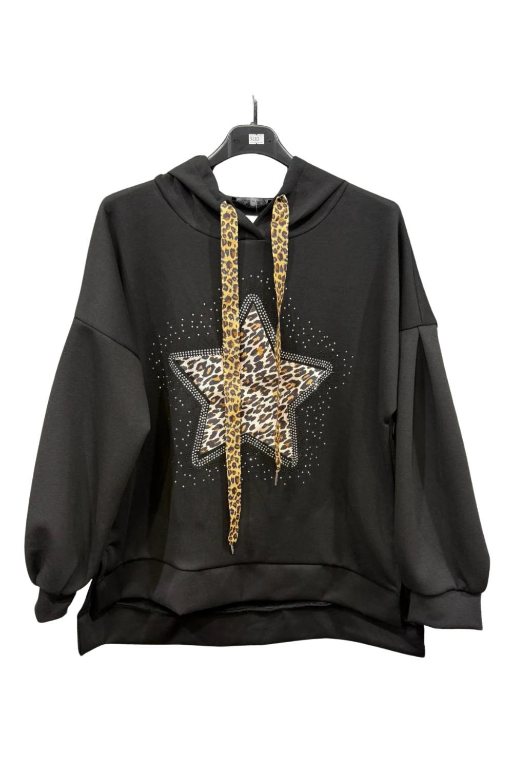 Italian Dipped Hem Hoodie with Leopard Print Star black