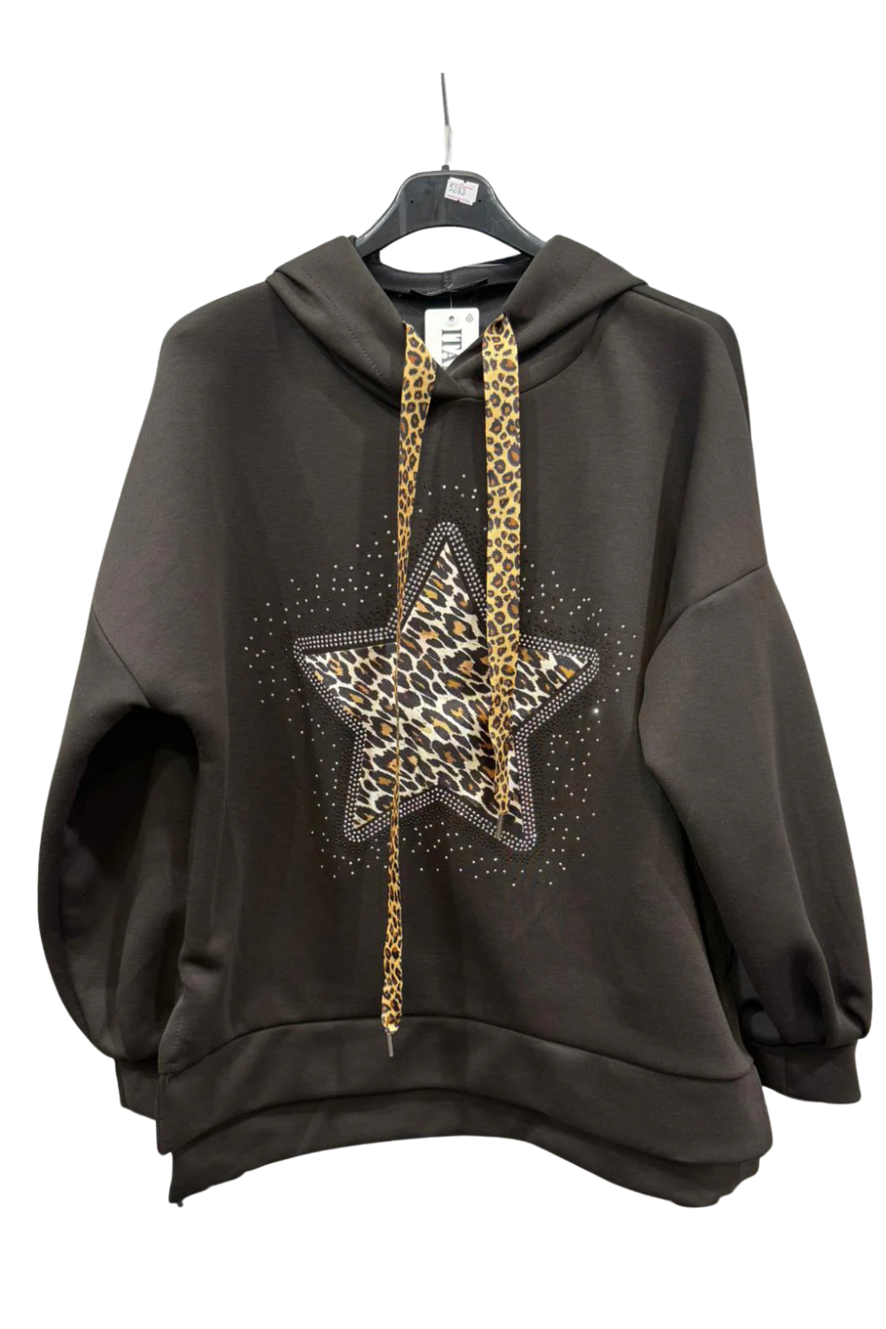 Italian Dipped Hem Hoodie with Leopard Print Star Brown