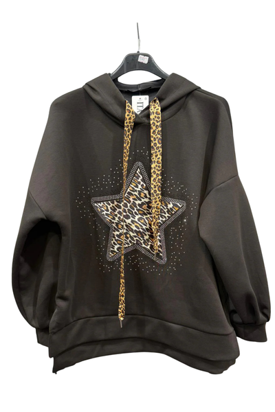 Italian Dipped Hem Hoodie with Leopard Print Star Brown