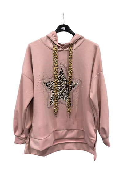 Italian Dipped Hem Hoodie with Leopard Print Star | One Size UK 8–16 pink