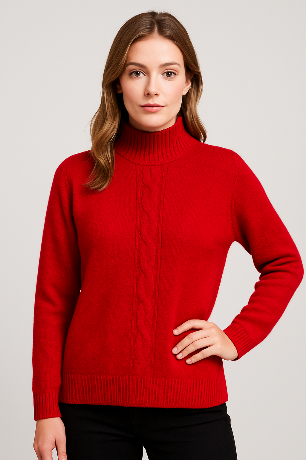 Italian High Neck Front Cable Knit Jumper Top red color