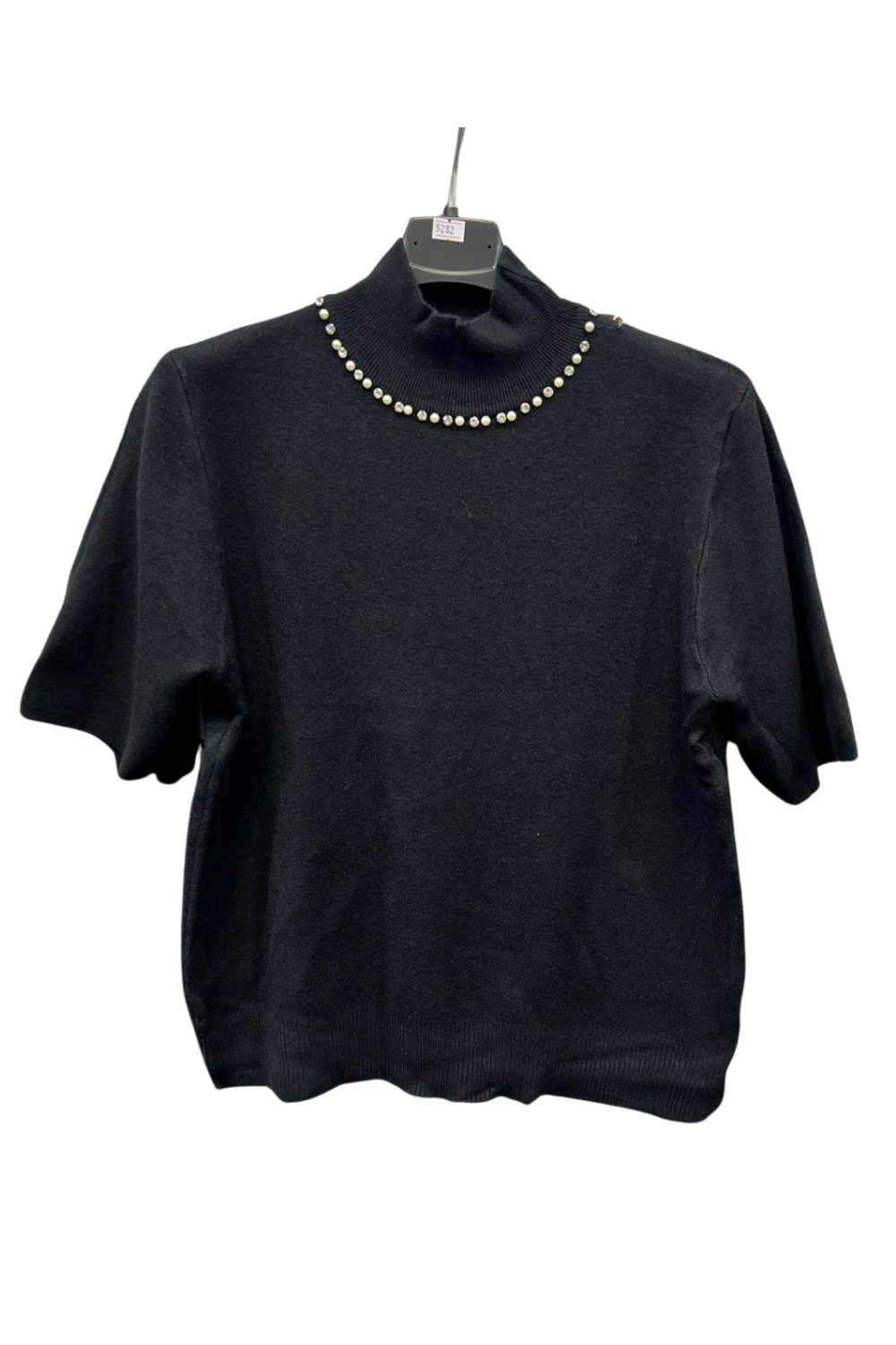 Italian High Neck Short Sleeve Diamante And Pearl Detail Jumper Top BLK