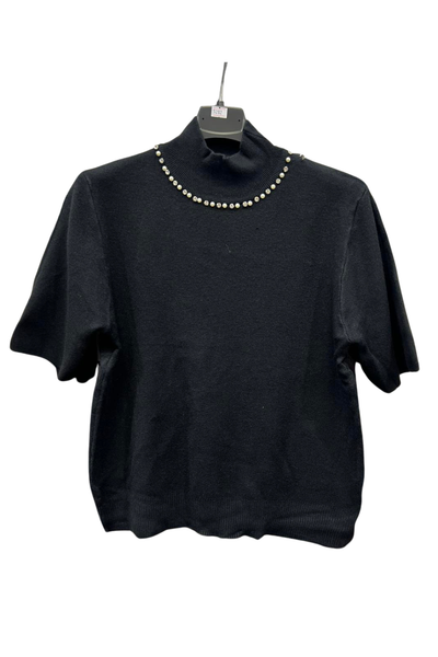 Italian High Neck Short Sleeve Diamante And Pearl Detail Jumper Top BLK