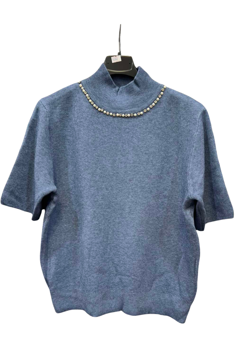 Italian High Neck Short Sleeve Diamante And Pearl Detail Jumper Top DNM