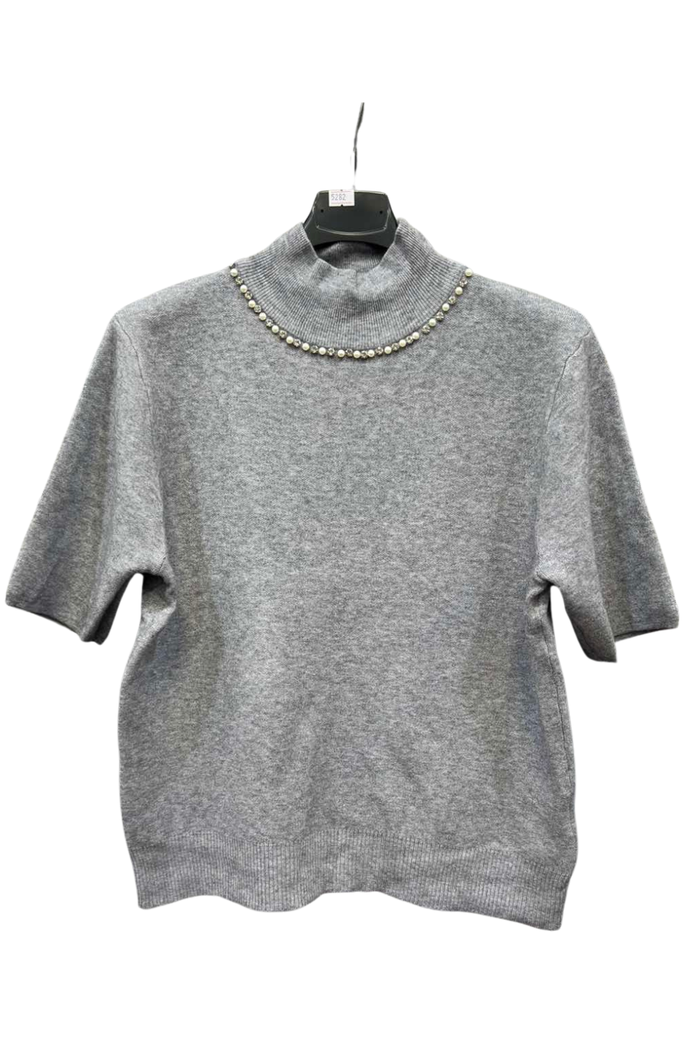 Italian High Neck Short Sleeve Diamante And Pearl Detail Jumper Top GRY